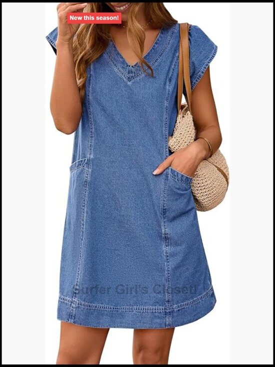 Dresses & Skirts - Short Sleeve V Neck Loose Denim Dress with Pockets Casual